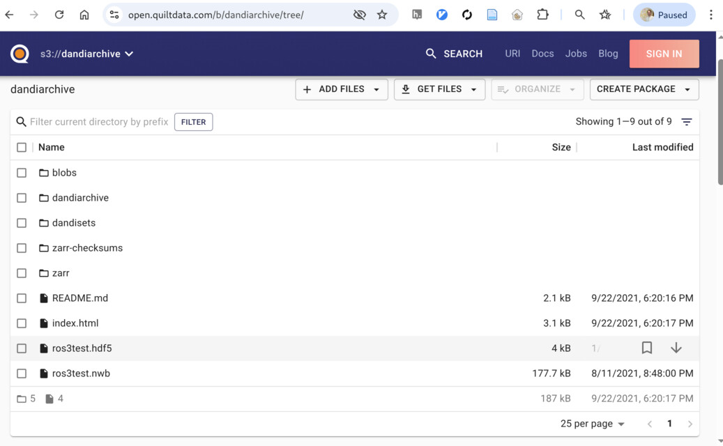 Quilt browser showing top-level folders in the dandiarchive bucket